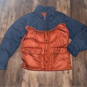 Vintage Jansport USA Navy  Brown Puffer Goose Down Hooded Jacket Men’s Large